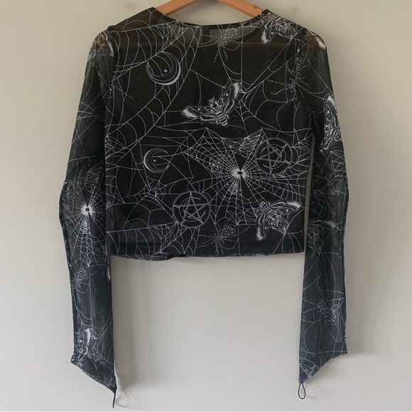 ASOS Top Black Sheer Cropped Long Sleeve Spider Web Moth Print Gothic Trad Goth - Picture 3 of 14